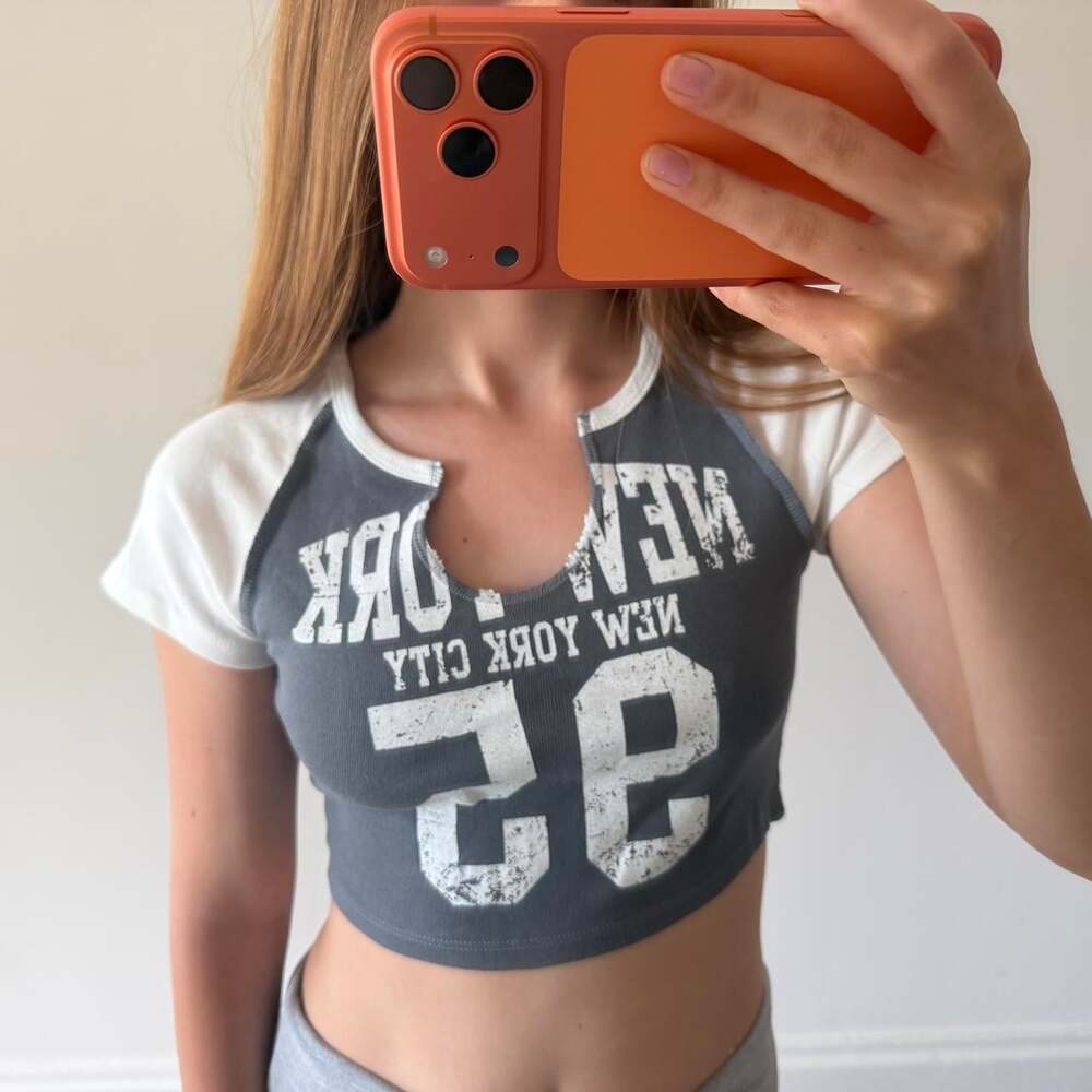 Women's Grey and White Crop-top